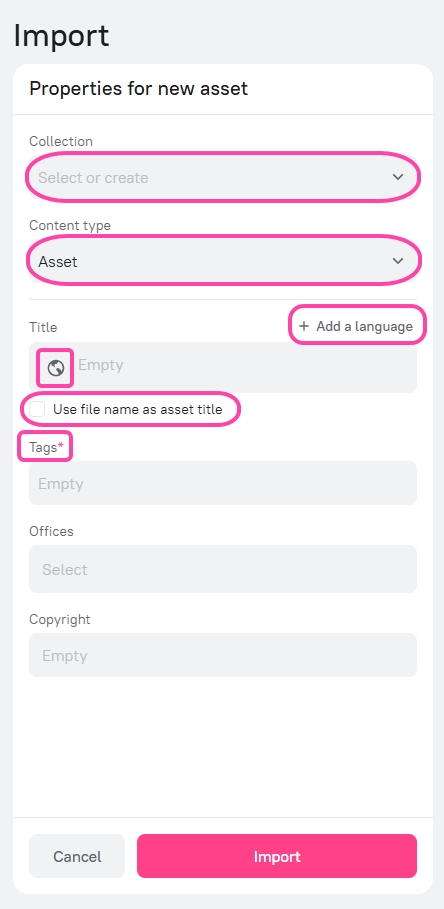 Importing assets via the web interface