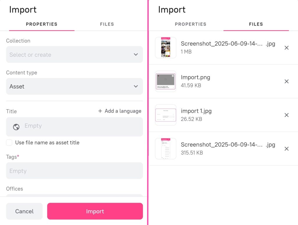 Importing assets via the web interface