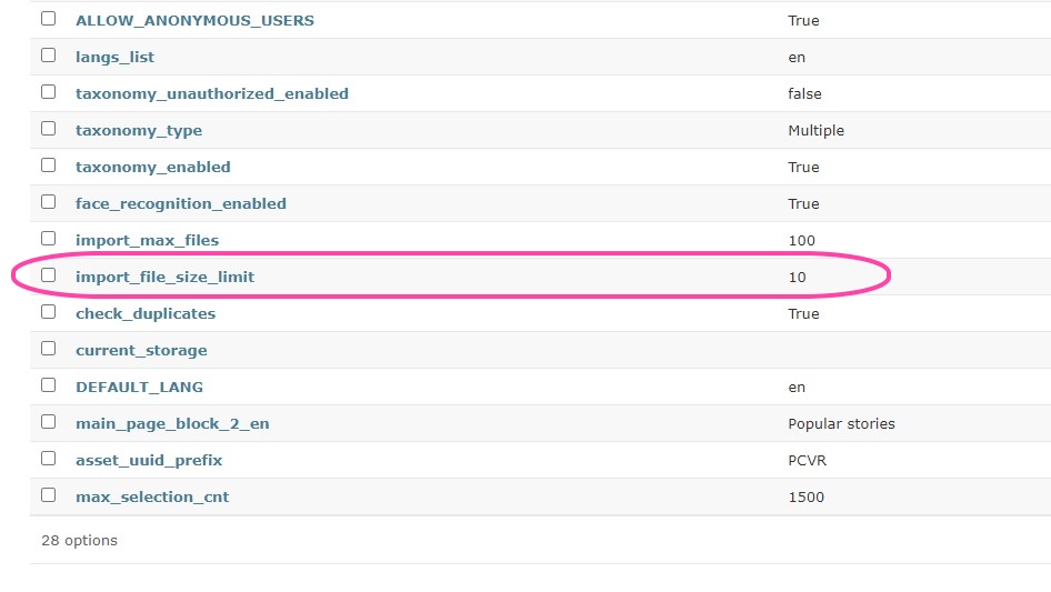 Options in Administrative panel